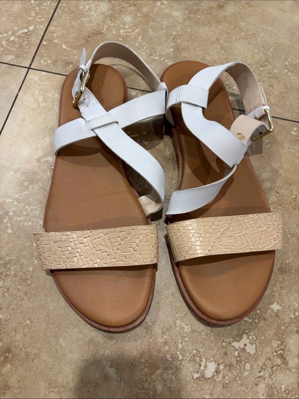 Cole Haan White and Beige Cross-Strap Sandals